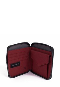 Black zipper wallet with red textile interior, features card slots and a small pocket, includes RFID protection label.