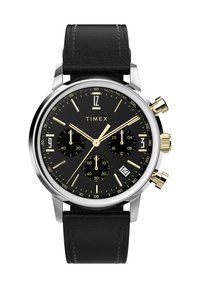 Montre bracelet en cuir noir avec un boîtier en acier inoxydable argenté, un cadran noir, des accents dorés et des sous-cadrans chronographes. Dispose d'un affichage de la date et d'une échelle tachymétrique.