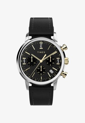 Zwarte leren armbandhorloge met een zilveren kast, zwart uurwerk, gouden accenten en chronograaf sub-dials. Bevat een datumweergave en een tachymetrische schaal.