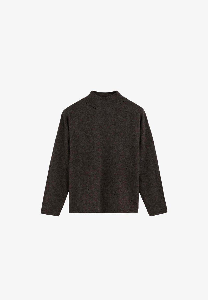 Dark gray turtleneck sweater made of soft fabric, featuring long sleeves and a loose fit. Small perforations along the neckline.