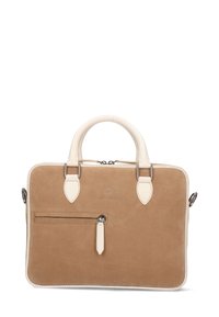 Brun ruskinds håndtaske med cremefarvede læderdetaljer. Har lynlåslukning, dobbelt håndtag og en frontlomme med en dekorativ lynlåstræk.