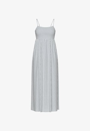 Stripete kjole med spaghetti-stropper. Har vertikale blå og hvite striper, et tettsittende liv og en flytende, rynket skjørt.