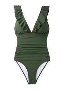 Olive green one-piece swimsuit with a deep V-neckline, ruffled straps, and gathered texture on the bodice; white lining at the legs.
