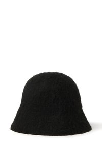 Cappello a secchiello nero in feltro con una finitura morbida e testurizzata, caratterizzato da una forma a cupola arrotondata e un ampio bordo floscio.