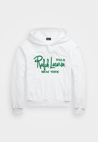 White hoodie featuring a kangaroo pocket, green embroidered text "Ralph Lauren POLO NEW YORK" across the front, with a drawstring hood.