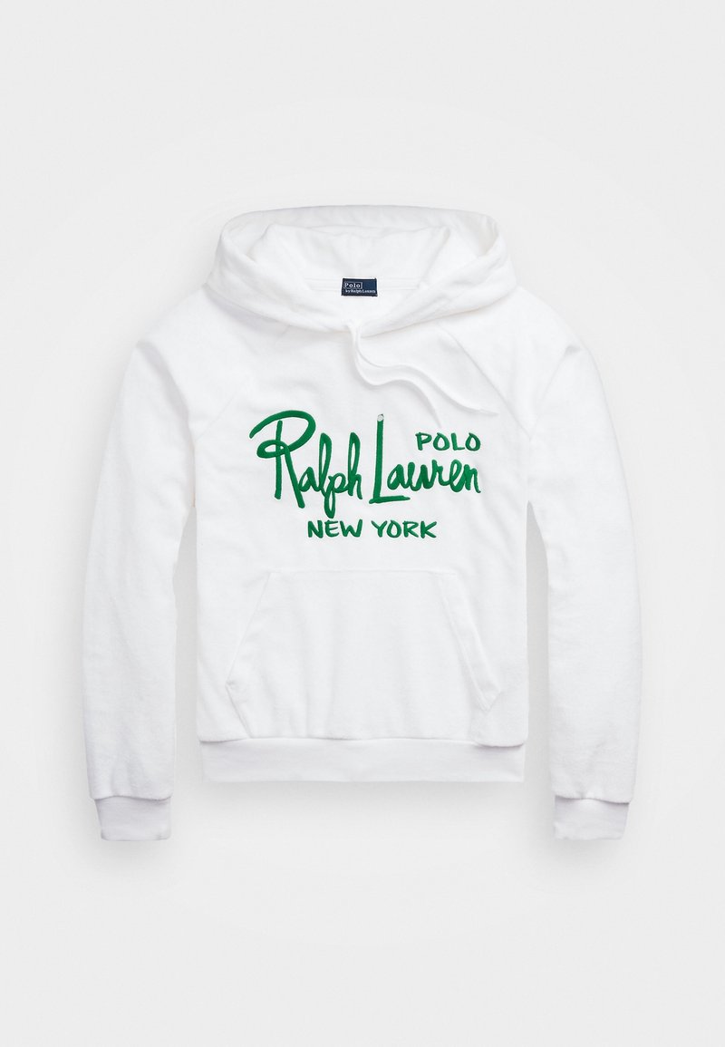 White hoodie featuring a kangaroo pocket, green embroidered text "Ralph Lauren POLO NEW YORK" across the front, with a drawstring hood.