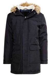 Parka invernale blu scuro con zip frontale, tasche con bottone a pressione e cappuccio foderato in morbido pile bianco e rifinito con pelliccia sintetica marrone chiaro.