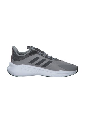 Graue Sportschuhe mit einem Netzmuster-Obermaterial, das drei schwarze Streifen und eine weiße Zwischensohle aufweist. Das Design ist schlank und hat eine strukturierte Oberfläche.