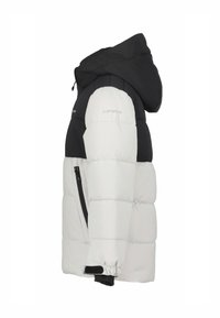 Doudoune avec une section supérieure noire et une section inférieure blanche, dotée d'une capuche, d'une poche zippée et de panneaux texturés.