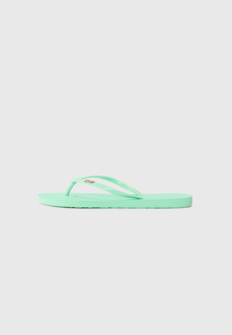 Mint green flip-flop made of rubber, featuring thin straps, a textured footbed, and a subtle logo accent on the strap. Flat sole.