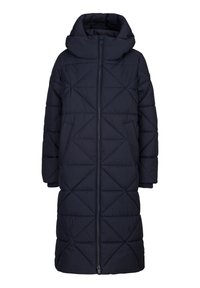 Marineblauwe gewatteerde pufferjas met een capuchon, tot de knie, met een rits aan de voorkant en twee zijzakken. Getextureerd ruitpatroon over de stof.
