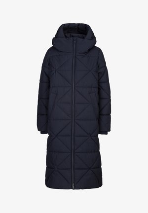 Marineblauwe gewatteerde pufferjas met een capuchon, tot de knie, met een rits aan de voorkant en twee zijzakken. Getextureerd ruitpatroon over de stof.
