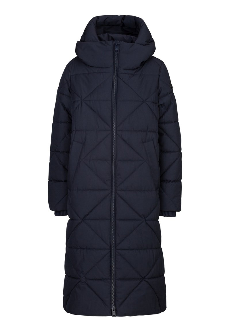 Marineblauwe gewatteerde pufferjas met een capuchon, tot de knie, met een rits aan de voorkant en twee zijzakken. Getextureerd ruitpatroon over de stof.