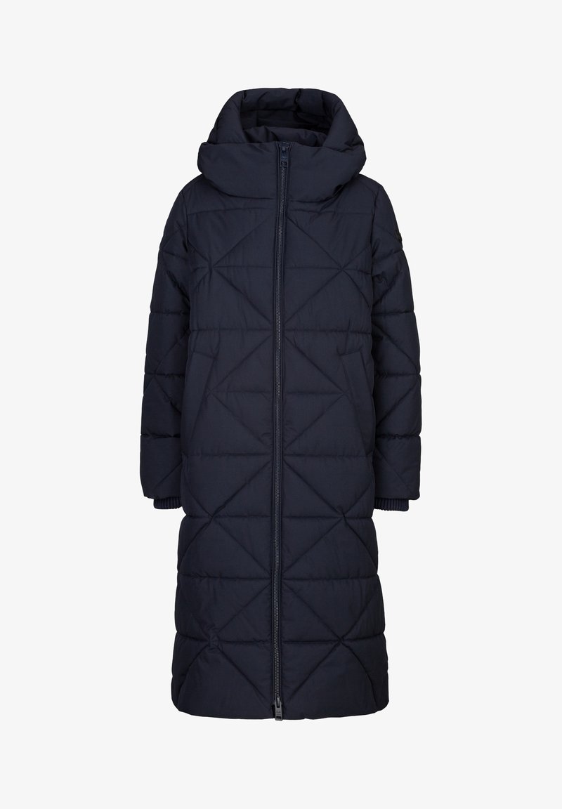 Marineblauwe gewatteerde pufferjas met een capuchon, tot de knie, met een rits aan de voorkant en twee zijzakken. Getextureerd ruitpatroon over de stof.