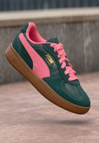 Green and pink sneakers with a suede and leather upper, padded collar, and gum rubber outsole. Features gold logo detailing and pink laces.