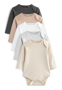 Five long-sleeve bodysuits arranged in a stack: colors include dark gray, beige, white, light gray, and pale beige. Soft cotton fabric.