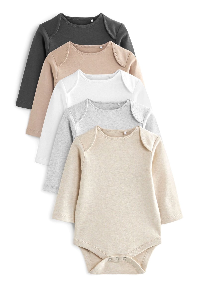 Five long-sleeve bodysuits arranged in a stack: colors include dark gray, beige, white, light gray, and pale beige. Soft cotton fabric.