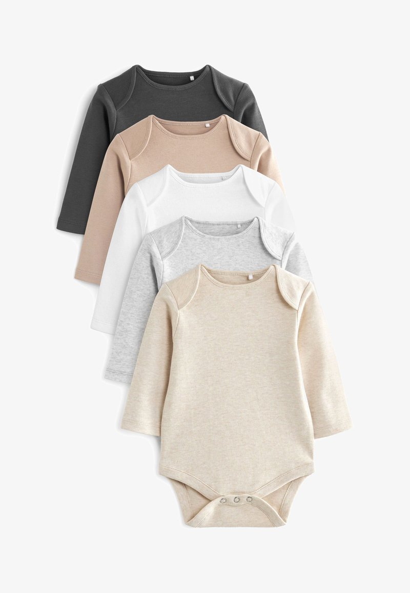 Pięć bodysuitów z długim rękawem ułożonych w stosie: kolory to ciemny szary, beżowy, biały, jasnoszary i blady beżowy. Miękka bawełniana tkanina.