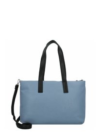 Borsa a spalla sintetica blu con manici in pelle nera, dotata di logo del marchio impressa e tracolla removibile. Texture liscia, forma rettangolare.