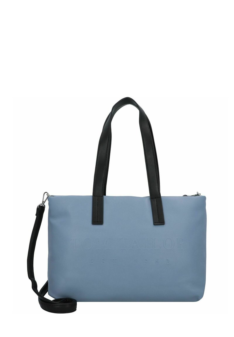Borsa a spalla sintetica blu con manici in pelle nera, dotata di logo del marchio impressa e tracolla removibile. Texture liscia, forma rettangolare.