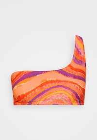 Ασύμμετρο μπραντζερό τοπ σε πορτοκαλί απόχρωση με σπειροειδή μοτίβα σε κόκκινο, μωβ και κίτρινο. Κατασκευασμένο από υφασμάτινη, ελαστική υφή.