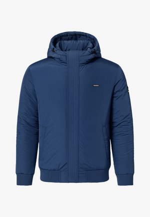 Dunkelblaue Daunenjacke mit Kapuze, elastischen Bündchen und einem Reißverschluss auf der Vorderseite. Verfügt über eine gesteppten Textur und ein Logo auf der Brust. Zwei Seitentaschen.