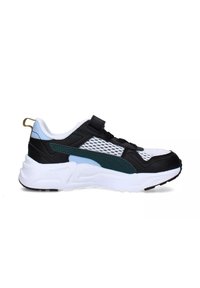 Scarpa sportiva in bianco e nero con pannelli in rete, accenti teal e una suola bianca spessa. Presenta una cinghia e una piccola linguetta dorata sul tallone.