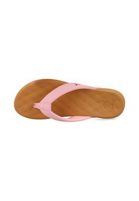 Roze flip-flop sandaal met gestructureerde banden, bruine rubberen zool en geribbelde voetbed. Bevat een klein logo op de zool.