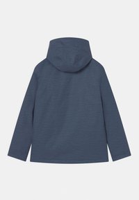 Marineblaue Kapuzenjacke mit glatter Textur, langen Ärmeln und Kapuze mit Kordelzug. Einfaches, minimalistisches Design ohne zusätzliche Merkmale.