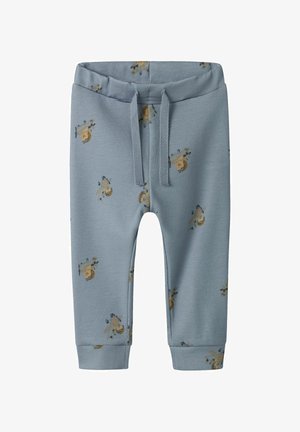 Helle blaue Sweatpants mit elastischem Bund, verziert mit einem wiederholten Muster aus kleinen Flugzeugen und Bärenpiloten. Aus weichem, dehnbarem Baumwollmaterial.