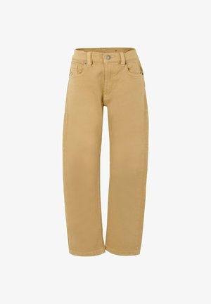 Pantalon droit beige en coton, avec une taille standard, des poches avant et une fermeture à bouton, présentant un léger éclat.