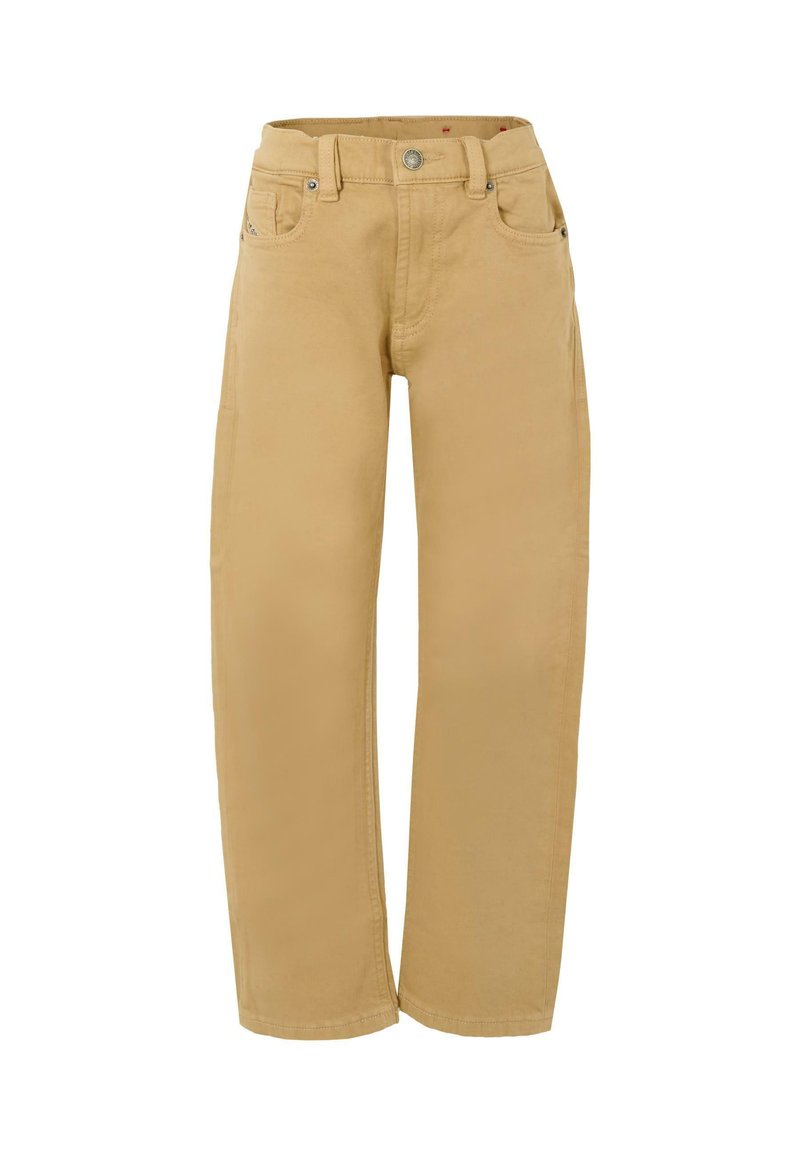 Pantaloni beige a gamba dritta in cotone, con vita standard, tasche frontali e chiusura con bottone, caratterizzati da un leggero luccichio.