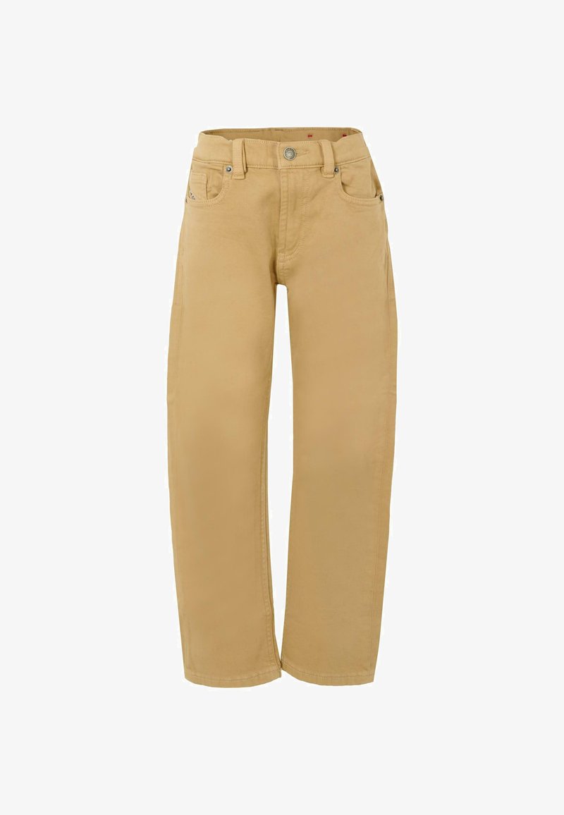 Pantaloni beige a gamba dritta in cotone, con vita standard, tasche frontali e chiusura con bottone, caratterizzati da un leggero luccichio.