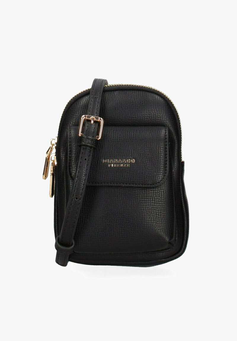 Borsa a tracolla in pelle nera con superficie texture, accessori dorati e tracolla regolabile. Presenta una tasca frontale e chiusura a zip.