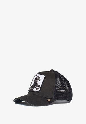Schwarze Trucker-Cap mit Netzseiten, versehen mit einem Front-Patch einer Pferdeillustration. Gebogener Schirm und verstellbarer Snapback-Verschluss.