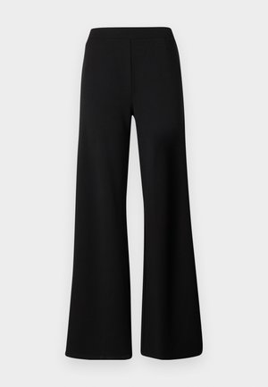 Juodos plačios kelnės, pagamintos iš minkštos, elastingos medžiagos. Yra lygus, elastingas juosmuo ir švarus, be puošmenų dizainas.