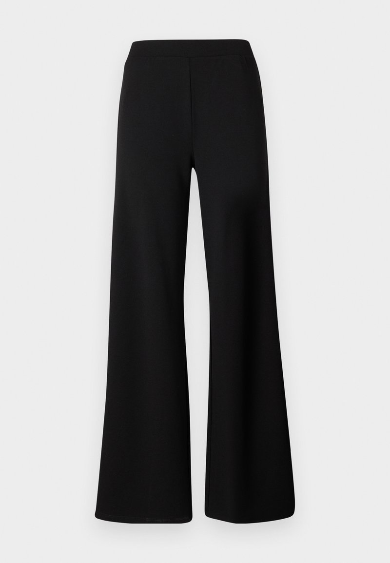 Pantaloni neri a gamba larga realizzati in un tessuto morbido e elasticizzato. Presentano un morbido cinturino elastico e un design pulito e senza decorazioni.