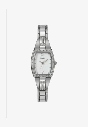 Montre Timex en argent avec un cadran rectangulaire, un cadran blanc, des chiffres romains, et un bracelet composé de maillons brillants avec des accents en cristal le long des bords.