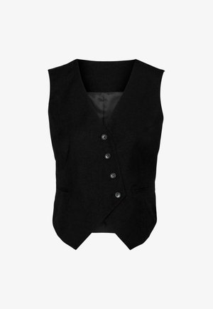 Gilet sans manches noir avec un décolleté en V, cinq boutons sur le devant, deux poches latérales et un ourlet légèrement évasé. Fabriqué en tissu texturé.