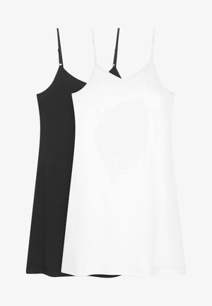 Deux robes débardeur en noir et blanc, dotées de fines bretelles ajustables, d'un design simple en V et d'une texture de tissu lisse.