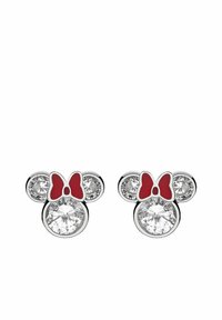 Orecchini argento a forma di testa di topo, con due pietre trasparenti per le orecchie e un fiocco rosso al centro. Finitura lucida e forme rotonde.