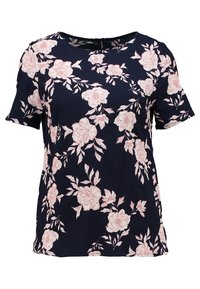 Blusa blu navy a maniche corte con stampa floreale rosa, scollatura rotonda e tessuto texturizzato. Dettagli con spacco laterale all'orlo.
