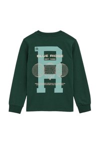 Zelena majica dugih rukava od pamuka, s velikim svijetloplavim grafičkim natpisom "R", dizajnom globusa i tekstom "BLUE RIDGE EST. 1986" u krem boji.