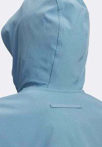 Chaqueta con capucha de color azul claro vista desde la parte posterior, mostrando los detalles de las costuras y un pequeño lazo de tela horizontal cerca del cuello.