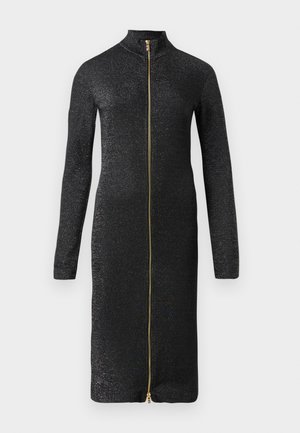 Black, long-sleeved dress with a high collar, featuring a gold zipper and a glittery texture throughout the fabric.