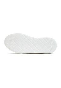 Suola di scarpa in gomma bianca con superficie texture, caratterizzata da un motivo a rombi e accenti circolari in rilievo per aderenza e trazione.