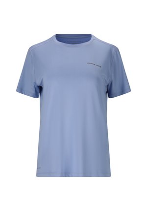 T-shirt de sport à manches courtes bleu clair en tissu lisse et respirant. Il présente un col rond et un logo discret sur le devant.