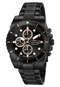 Orologio cronografo in acciaio inox nero con quadrante nero, dettagli in oro rosa, tre sottodial, indicatori luminosi e bracciale a maglie.