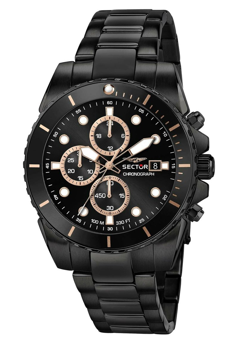 Orologio cronografo in acciaio inox nero con quadrante nero, dettagli in oro rosa, tre sottodial, indicatori luminosi e bracciale a maglie.