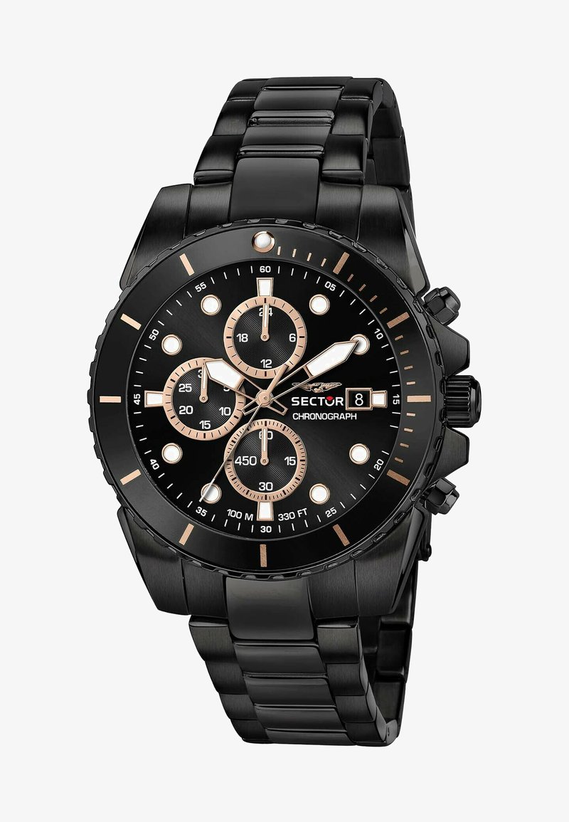 Orologio cronografo in acciaio inox nero con quadrante nero, dettagli in oro rosa, tre sottodial, indicatori luminosi e bracciale a maglie.